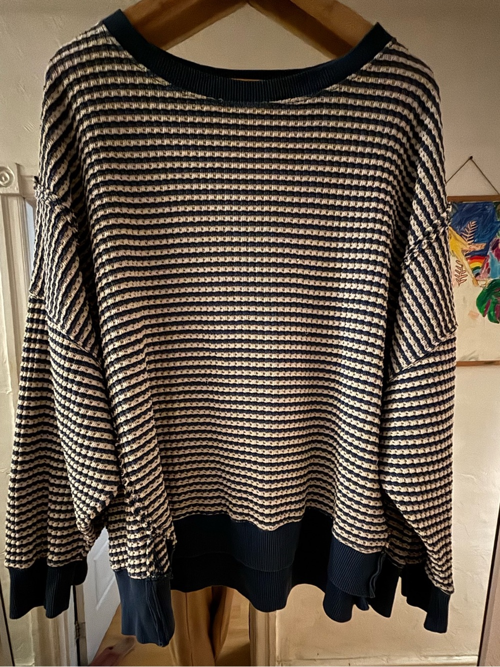 American Eagle Outfitters Navy & White Striped Waffle Crewneck Pullover, MEDUIM - Picture 9 of 16